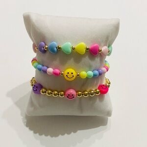 Pastel Smiley & Heart Beaded Bracelet Set – 3 Pack